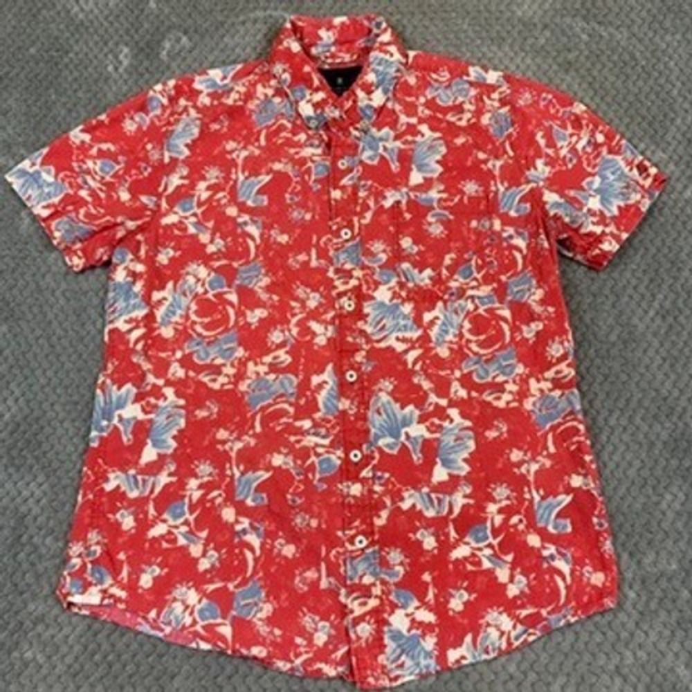 Roark Revival Mens Medium Red Floral Hawaiian Shirt 100% Cotton Short Sleeve